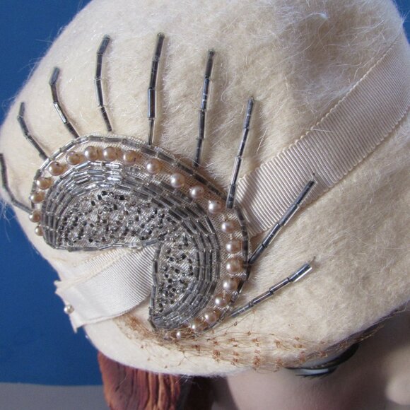 Mid Century Cloche in Cream Felt with Silver Tone Beading main image 7